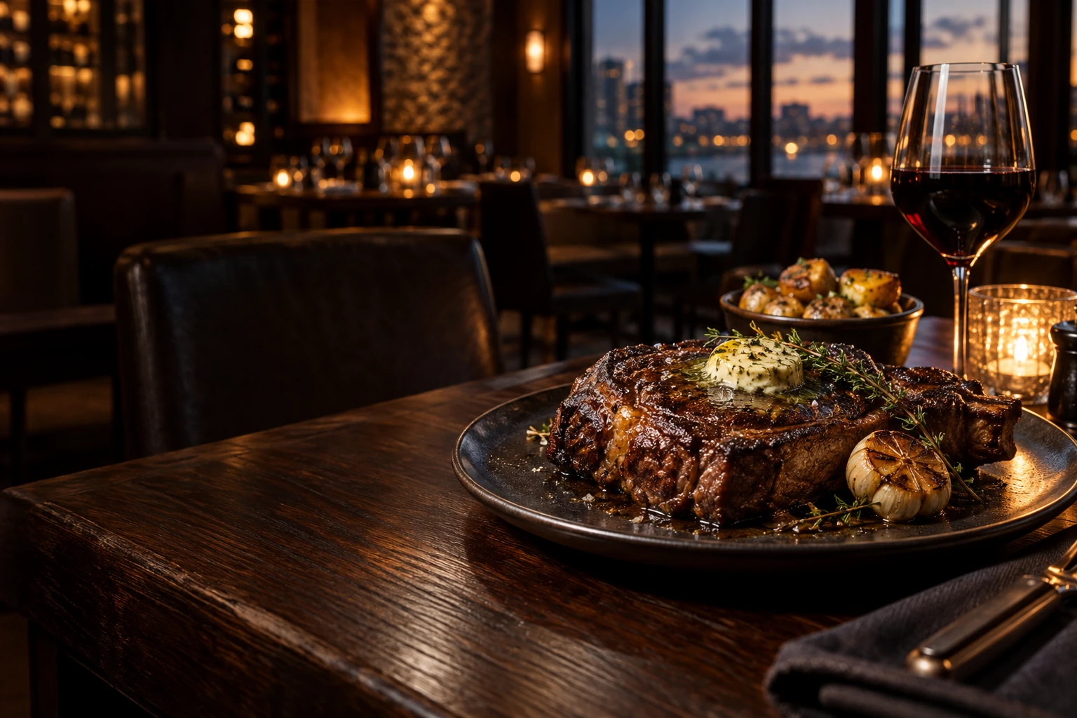 Grilled ribeye with herb butter and roasted garlic at a steakhouse