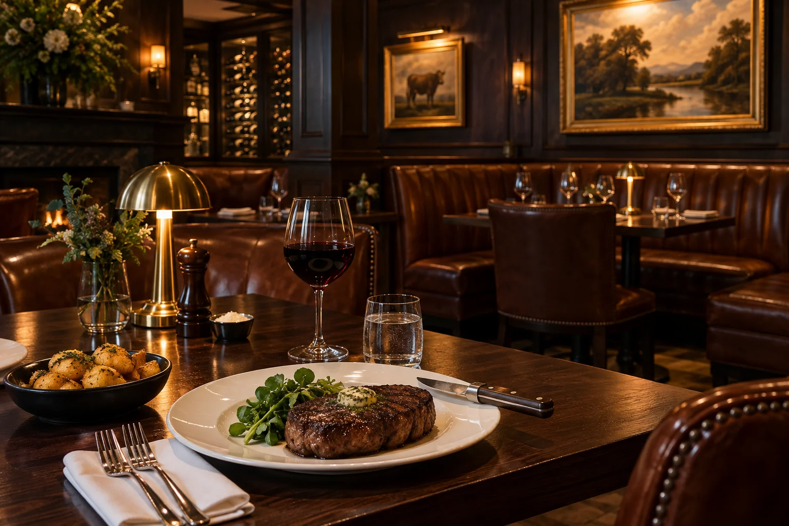 Steakhouse dining room with dark oak tables and leather booths